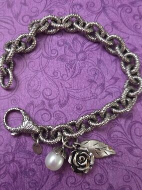 Or Paz PZ Israel 925 Sterling Silver Pearl Rose Charm Bracelet